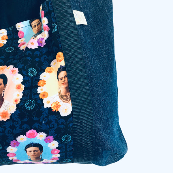 Saco de ganga "Frida Kahlo" azul escuro (bolso fundo azul)