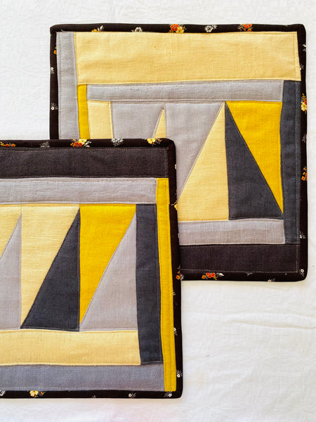 conjunto de individuais em Linho castanho e amarelo