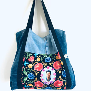 Saco de ganga "Frida Kahlo" azul claro/azul escuro (bolso fundo preto)