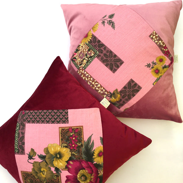 Almofadas de veludo e tecido florido - Rosa & Bordeux